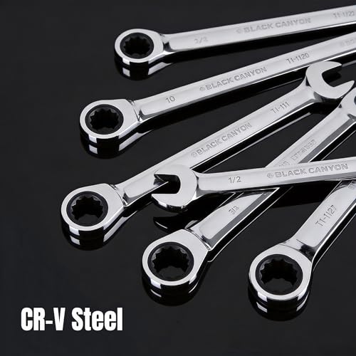 BLACK CANYON 7/8 Inch Ratchet Combination Wrench, 12-Point Box End & Hex Opening, Polished Steel Ratcheting Wrench with SAE & Metric Sizes - size: 7/8 Inch, style: Inch