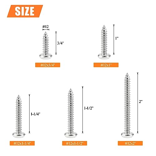 #12 x 3/4" 1" 1-1/4" 1-1/2" 2" Wood Screws Set, HELIFOUNER 51 Pieces Phillips Pan Head Self-Tapping Screws Assortment Kit, Phillips Pan Head Wood Screws, 304 Stainless Steel - size: #12