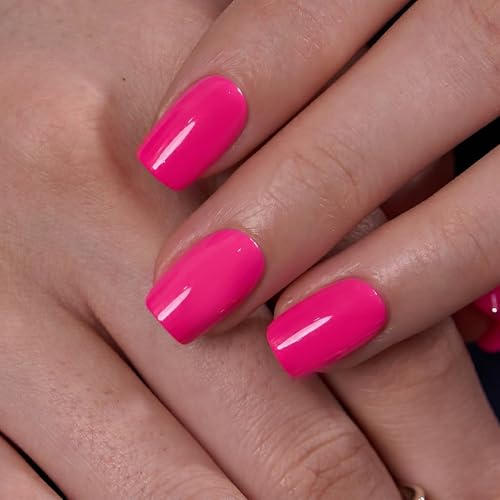 CurvLife Press on Nails Short Square Acrylic Fake Nails with Apricot Design Full Cover False Nails Glossy Nude Glue on Nails Artificial Stick on Nails for Women (Bright-Pink) - color: Bright-Pink
