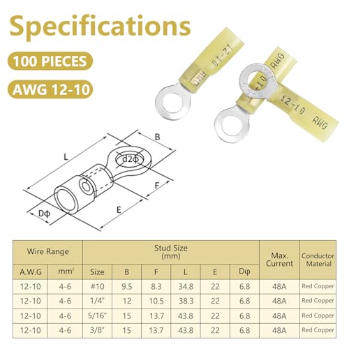 100PCS Heat Shrink Ring Terminals, Marine Grade - size: AWG(12-10)