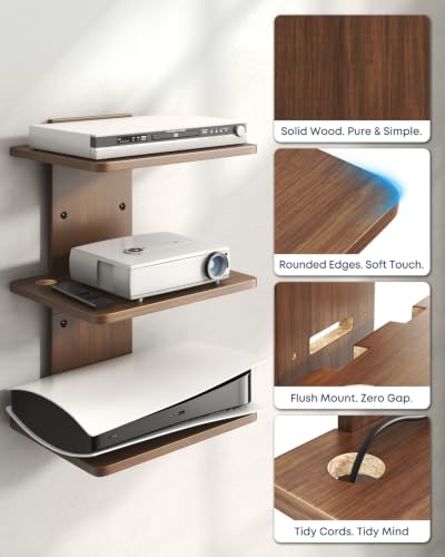 Floating TV Projector Shelf Wall Mount - 3 Tier Wooden Shelf, Walnut Brown - size: 3-Tier Shelf