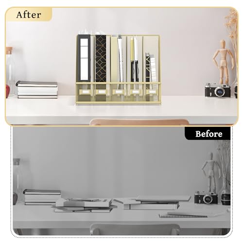 SUPEASY Desk Organizers Metal Desk Magazine File Holder with 5 Vertical Compartments Rack File Organizer for Office Desktop, Classroom, Home Workspace, Golden Yellow, Plus - color: Golden Yellow, size: Large