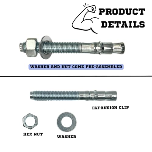 MIGHTY FASTENERS Zinc-Plated Steel Wedge Anchors, 3/4" X 6-1/4" - Heavy-Duty Mounting Bolts for Concrete - 50 Pack - size: 3/4" X 6-1/4"