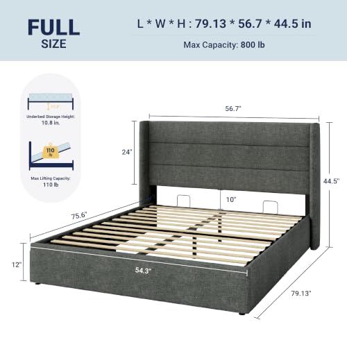 Allewie Full Size Lift Up Hydraulic Storage Bed Frame Dark Grey - color: Dark Grey, size: Full, style: Modern