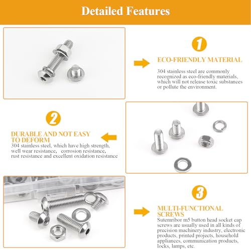 242 Pieces M5 Screws Nuts Washers Set, Sutemribor M5 x 8/10/12/16/20/25/30mm Button Head Socket Cap Screws Nuts Washers Assortment Kit, 304 Stainless Steel, Fully Threaded - size: M5 Screws Kit, style: Button Head
