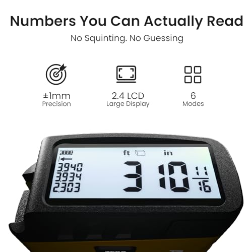 ACPOTEL Digital Tape Measure 16ft, LCD Display, 6 Metric & Imperial Units | Retractable Measuring Tape, Rechargeable, 1/16" Precision, 20-Value Memory, Midpoint, Area/Volume Calc for Pro & DIY Use - color: Yellow