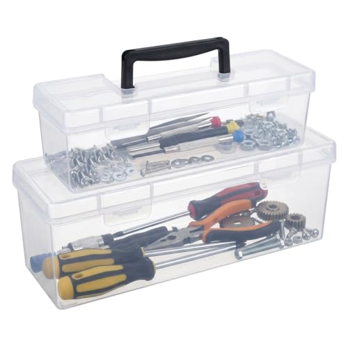 Hardware Organizer Box, 2 Pack Small Parts Tool Case for Garage | Frosted translucent plastic, garage workshop, hardware storage, screws and tools, secure latch, carry handle, 2 sizes