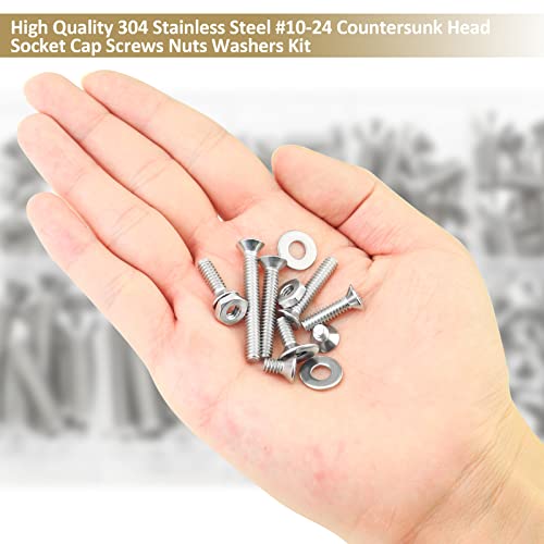 152 Pieces #10-24 x 5/16", 3/8", 1/2", 5/8", 3/4", 1", 1-1/4", 1-1/2", Countersunk Head Socket Cap Screws Nuts Washers Assortment Kit, 304 Stainless Steel, Fully Machine Thread - size: #10-24, style: Countersunk Head