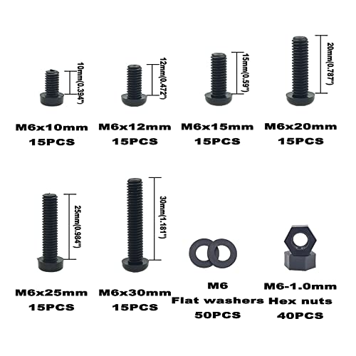 Metric M6 Phillips Pan Head Nylon Screws Nuts Flat Washers Assortment Kit, Screw Length:10mm to 30mm(Black) - size: M6