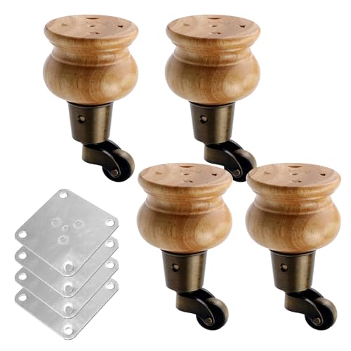 4pcs 4.72" Wooden Furniture Legs with Furniture Casters - color: Wood Color, size: Height: 4.72"
