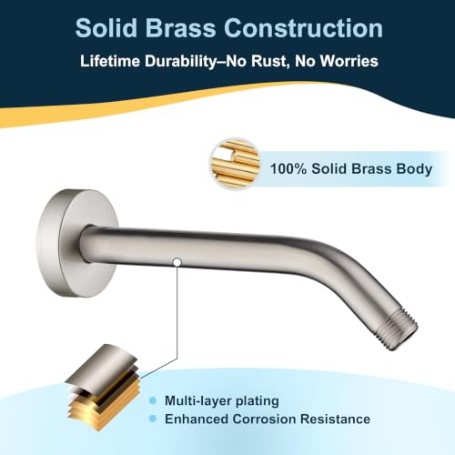 BRIGHT SHOWERS Shower Arm with Flange 10 Inches Solid Brass Shower Head Extension Arm, Wall Mounted Shower Pipe Arm for Rainfall Shower Head and Handheld Showerhead, Brushed Nickel - color: Brushed Nickel, style: Basic 10 Inch