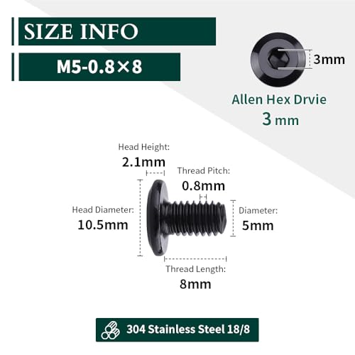 M5-0.8 x 8mm (100 pcs) Black Hex Socket Head Cap Screws, 304 Stainless Steel 18/8, Furniture Bolts, Connector Screws for Furniture, Black Oxide Finish, Full Thread, Hex Spanner Wrench Included - size: M5-0.8 x 8mm