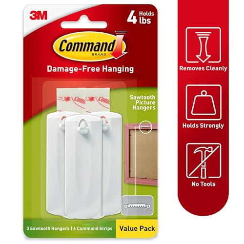 Command Sticky Nail Sawtooth Picture Hangers, 3-Pack, Damage-Free Wall Hanging, Holds 5 lbs Each, No-Tools Adhesive for Sawtooth Frames, Canvas Art and Home Decor, Removable with No Wall Damage