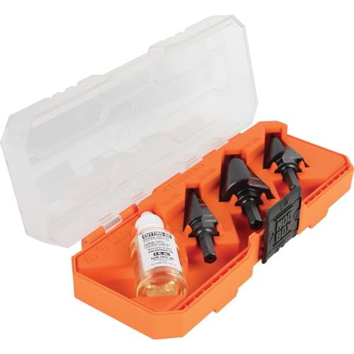 Klein Tools KTSBSPRO Premium 3-Piece Electrician's Step Bit Set with Cutting Oil, Modular Case, 3/8-Inch Hex Shank, Straight Double Fluted - size: 3-Piece Set, style: Standard