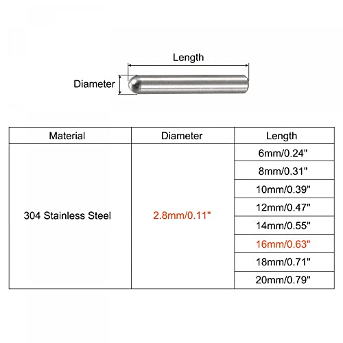 uxcell 2.8x16mm Dowel Pins, 50pcs 304 Stainless Steel Round Head Flat Chamfered End Dowel Pin Bunk Bed Pins Shelf Pegs Support Shelves Fasten Elements - size: 2.8x16mm