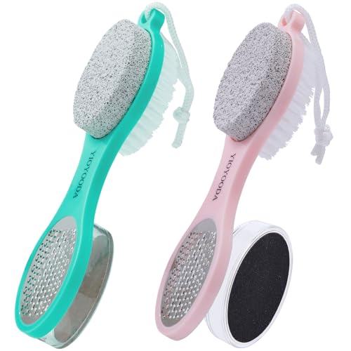 Foot File Callus Remover 5-in-1, 2 Pcs Feet Scraper Pedicure Tools with Pumice Stone, Scrubber Brush, Stainless Steel Foot Rasp and Sand Paper Debris Catcher, Multi Purpose, Pink Cyan - color: Pink and Cyan