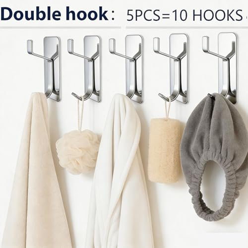5Pcs Adhesive Wall Towel Hooks, No Drill Waterproof Bathroom Shower Hooks - color: Silver
