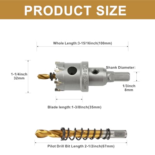 1-3/16'' TCT Hole Saw Kit Tungsten Carbide Tipped Hole Saw Drill Bit with Titanium-Plated Pilot Drill bit for Metal, Stainless Steel, Iron (32MM) - size: 32MM | 1-3/16''