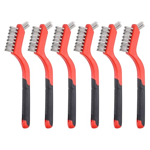 HARFINGTON 6pcs Wire Brushes Stainless Steel Cleaning Brushes with Curved Handle Dual Head for Cleaning Scrubbing Rust Dirt Paint Removal, Red - color: Red