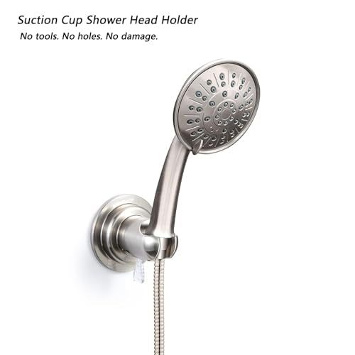 JiePai Suction Cup Shower Head Holder for Handheld Shower,Brushed Nickel | Suction cup holder,No-drill wall mount,fits 3/4 handheld,Works on tile glass metal,Removable,For bathroom/RV - color: Holder-Brushed Nickel