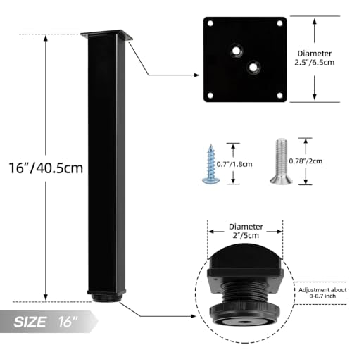 QLLY 16 Inch Square Adjustable Metal Coffee Table Legs, Heavy Duty Furniture Legs with 1” Leveling Feet for Ottoman, Bench, End Table and Sofa Replacement, Set of 4 (Black) - color: Black, size: 16 inch