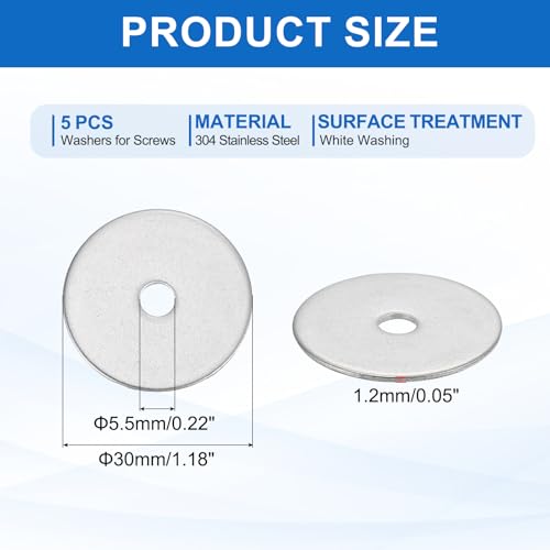 MECCANIXITY 5 Pcs M5 Stainless Steel Flat Washers Round Assortment Parts Spacers Assorted for Screws, Bolts, Plumbing, Automotive, Electrical 5.5mm ID 30mm OD 1.2mm Thick - size: M5, 5.5mm ID 30mm OD 1.2mm Thick