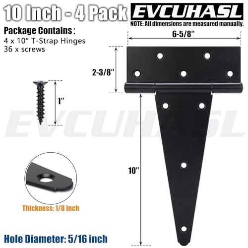 10 Inch T-Strap Gate Hinges, Shed Barn Door Hinges Heavy Duty, Black Tee Hinges for Wooden Fences, Yard Gate, Wrought Hardware Iron Rustproof (4 Pack/Set) - size: 10 Inch