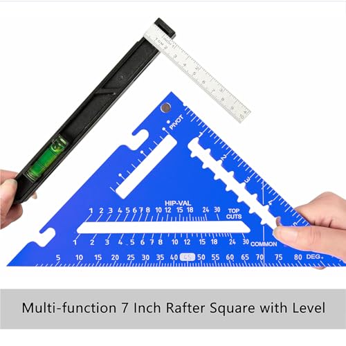 Beslands 7 inch Rafter Square with Level, Aluminum Metal Triangle Ruler Carpenter Square Woodworking Layout Tool Aluminum Triangle Tool Stainless Steel Ruler (Blue) - color: Blue, size: 7" - Level