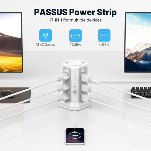 PASSUS PD 65W USB C Fast Desktop Charging Station Tower Power Strip - color: Gray White-4C1A