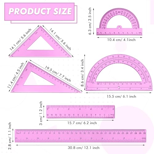 Tenare 6 Pcs Math Geometry Ruler Straight Protractor Triangle, Pink - color: Pink