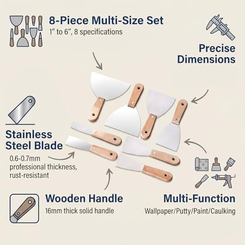 8Pcs Putty Knife Set – Rust-Free 1" to 6" Scrapers Perfect for Repairing Drywall, Removing Wallpaper & Mud Plaster Scraping! Upgrade Your DIY Toolkit! (Wooden Handles (Pack of 8))
