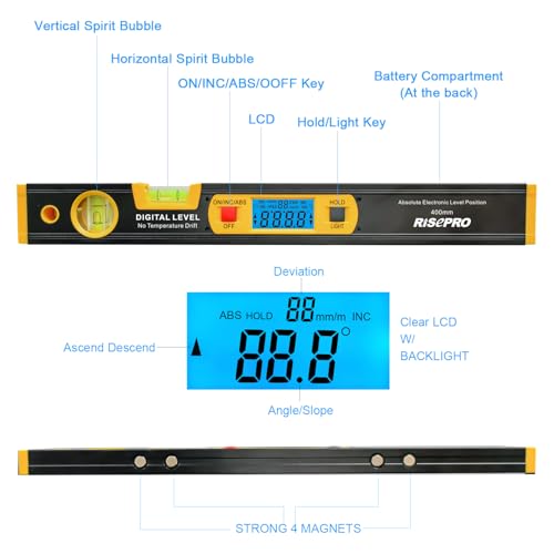 16-inch Digital Spirit Level and Protractor, Torpedo Level, Inclinometer Angle Gauge Finder Bubbles Magnetic Base with Backlight DL1802-BK (US) - color: Black