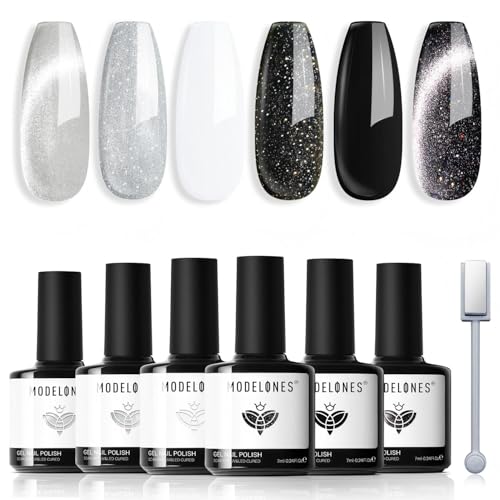 modelones Black White Gel Nail Polish, Hema Free Cat Eye Glitter Shimmer - color: A-2 Midnight Stardust