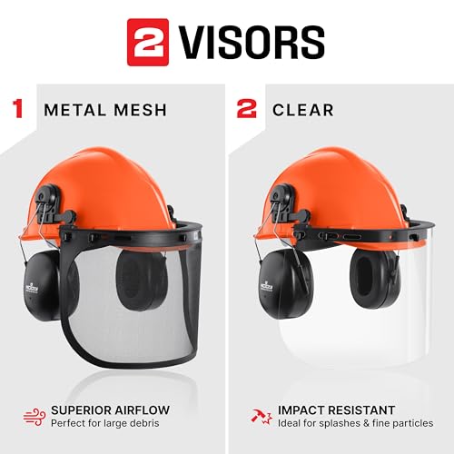 NoCry 6-in-1 Industrial Chainsaw Helmet with Face Shield and Ear Muffs — Mesh & Clear Plastic Visors Included — ANSI Z89.1 Certified — Adjustable Headgear — Ideal for Forestry and Arborist Work - style: Original