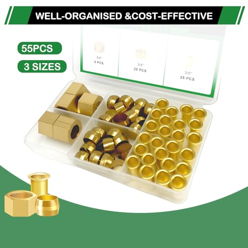 55pcs 3/8" Brass Compression Sleeves Ferrules Inserts Nuts Fittings - color: 55PCS 3/8"