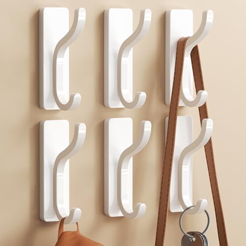 Adhesive Wall Hooks for Towel/Coat,13Lb Strong Stick-On Hooks, White 6 Pack - color: White, size: 6 Pack