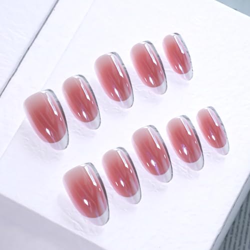 Blush French Tip Chrome Acrylic Press On Nails Medium Almond, Salon Quality. Designer Reusable Glazed Glossy False Nails for Weddings, Perfect for Spring | Women's Beauty Stick-On Nails - color: Chrome French Medium Almond-0704, size: 24 Pieces (Pack of 1
