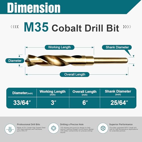 33/64 Inch Cobalt Drill Bit, M35 HSS Twist Drill Bit, 135° Split Point - size: 33/64 Inch
