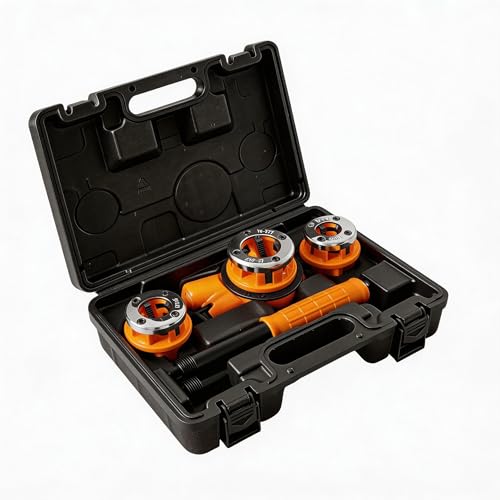 BSPT Ratchet Pipe Threader Kit w/ 3 Dies (1/2", 3/4", 1"), Heavy-Duty 9SiCr Steel Threading Tool for Galvanized, Iron, Copper & Aluminum Pipes, Portable with Storage Case for Plumbing - size: 1/2"- 1" (BSPT-3pcs)