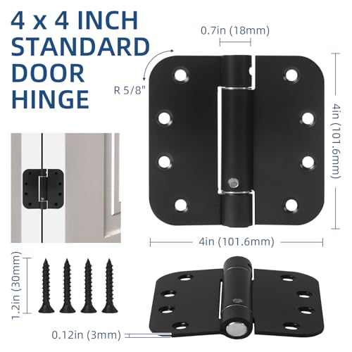 6 Pack Self Closing Door Hinges, 4 Inch Spring Loaded Hinges Adjustable Tension Spring Hinges with 5/8'' Radius Corners, Heavy-Duty Door Hardware for Commercial and Residential Doors, Matte Black