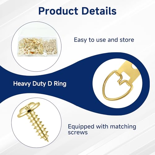 D-Ring Picture Hangers Kit, 40 Single Hole & 20 Double Hole Hangers with 80 Screws, 50 lb Load Heavy Duty Picture Hanging Hardware for Picture Frame Mirrors Canvas (Gold) - size: Gold