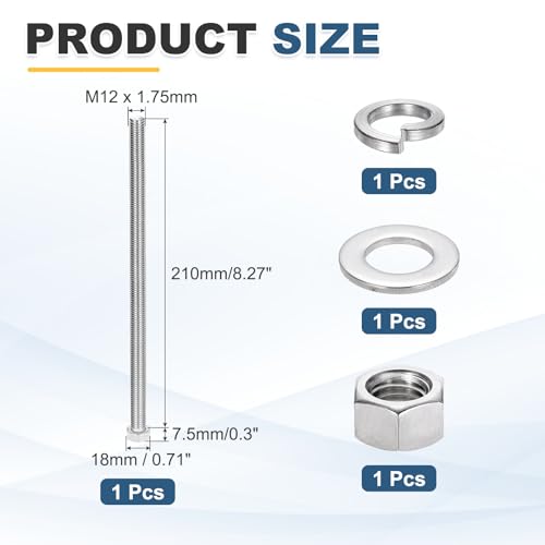MECCANIXITY M12 x 210mm 304 Stainless Steel Hex Head Screws Bolts, Nuts, Flat & Lock Washers Assortment Kit, Fully Threaded, Bright Finish for Home, Electronic, Machine, 1 Sets - size: M12 x 210mm