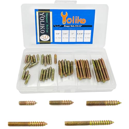 50 Pack Assorted Hanger Bolts Kit - 5 Sizes (5/32-32", 8/5, 3/4, 1, 1-1/4, 1-1/2") - Double Headed Bolts, Wood Dowel Screws - size: 5/32-32"-5 Size-50PCS