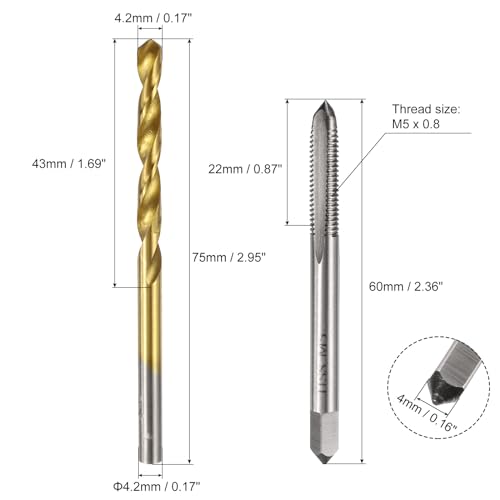 uxcell Metric Tap & Drill Bit Set, 2pcs M5 x 0.8 Straight Flute Thread Taps and 2pcs 4.2mm Twist Drill Bits Titanium Coated, HSS6542 Screw Tapping Threading Tools - size: M5 x 0.8 + 4.2mm