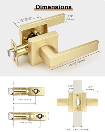 Probrico Passage Gold Closet Door Handles, 6 Pack Interior Non-Locking Square Zinc Alloy Lever, Reversible for Right & Left Side - color: Brushed Gold