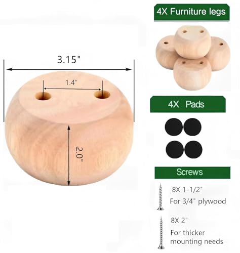 2 Inch Unfinished Wood Bun Furniture Legs Set of 4 - size: 2" height *3.15" diameter