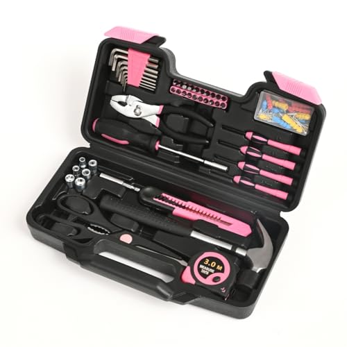 HANGYING 132-Piece Home Tool Kit for Women with Plastic Toolbox Pink - color: Light Pink