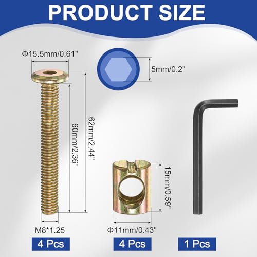 PATIKIL 4 Set Bunk Bed Bolts and Nuts Kit, M8x60mm Furniture Bolts Hex Drive Socket Cap Hardware Replacement for Beds Headboards Chairs - size: M8x60mm