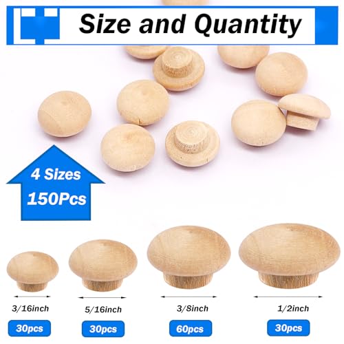 smseace 150Pcs 4-Sizes Button Wood Plugs 3/16" 5/16"，3/8"，1/2" Wooden Hole Plugs for Holes in Furniture/Table and Chair Legs/Cabinet Reserved Holes/Outdoor Equipment Wood Plugs Assortment Kit - style: Button Wood Plugs