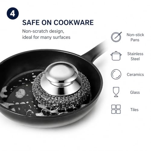 Steel Wool Scrubber, 6-Pack Stainless Steel Scrubber Pads with Handle - The Ultimate Scouring Solution for Rust, Stubborn Messes on Cookware, Grill, Oven & Kitchen Sinks - size: 2 Handle+4 Pads